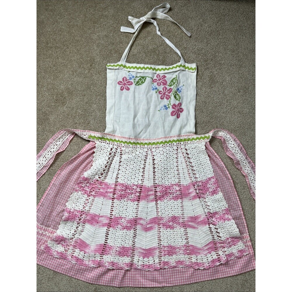 VTG 50-70s Handmade Child’s Linen Apron Pinafore Embroidered Crochet Gingham EUC - Picture 1 of 13